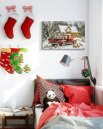 YONICA Christmas Canvas Wall Art 32x24 Inches - Home Decor with Christmas Cabin, Pine Tree, Red Truck & Dog Prints - Winter Painting for Living Room & Bedroom