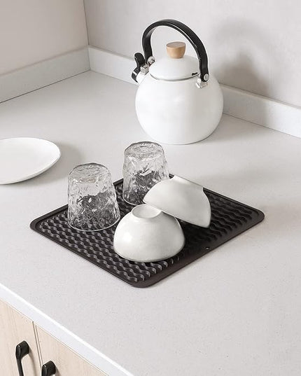 Silicone Dish Drying Mat for Multiple Usage,Easy clean,Eco-friendly,Heat-resistant Silicone Mat for Kitchen Counter or Sink,Refrigerator or Drawer liner Coffee M 12 inches x 12 inches