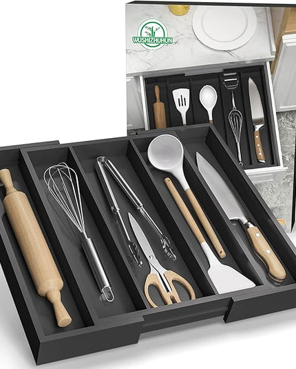 Kitchen Utensil Organizer Silverware Tray - Bamboo Flatware Organizer Expandable 5 Slots Multipurpose Silverware Organizer for Office Storage Garage Organization W13.7"-19.9" x L17.6" X H2.5" (Black)