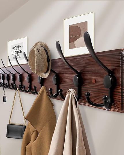 38.6'' Large Coat Rack Wall Mount Coat Hooks Coat Hanger with 10 Metal Black Triple- Hooks Brown Pine Real Wood Plank Hat Rack for Wall Hooks for Hanging Coat Hat Jacket