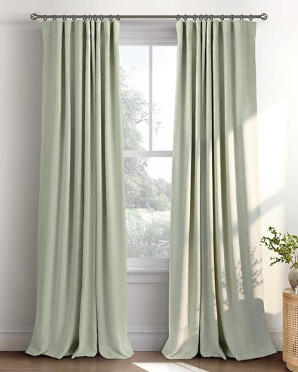 INOVADAY 100% Blackout Curtains for Bedroom, Black Out Curtains 108 Inch Long, Clip Rings Linen Blackout Drapes, Thermal Insulated Room Darkening for Living Room, 2 Panels - Sage,W50xL108