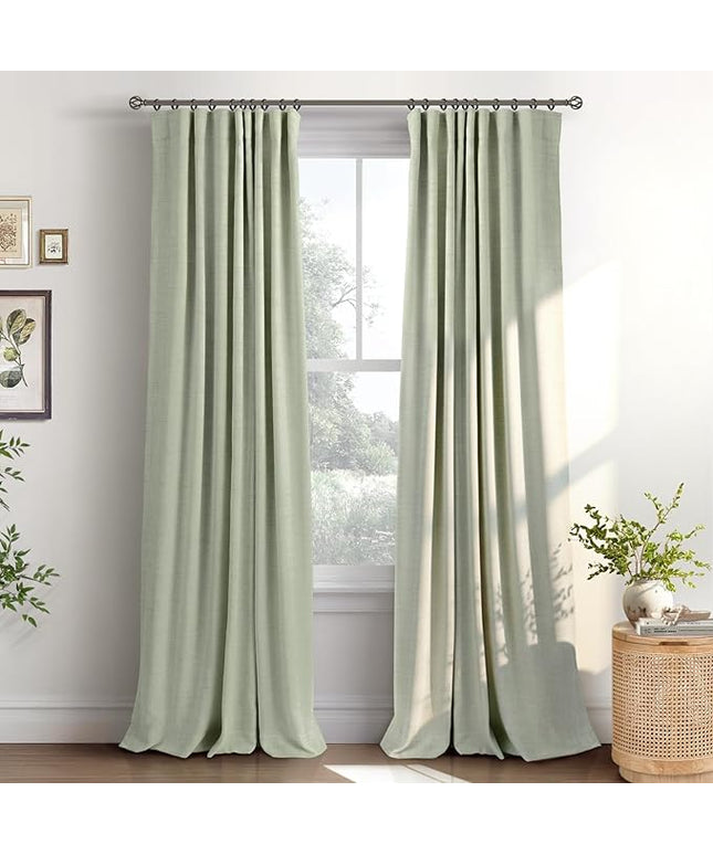 INOVADAY 100% Blackout Curtains for Bedroom, Black Out Curtains 96 Inch Long, Clip Rings Linen Blackout Drapes, Thermal Insulated Room Darkening for Living Room, 2 Panels - Sage,W50xL96