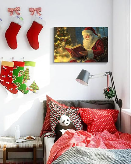 YONICA Christmas Wall Decor Santa Canvas Wall Art Home Decorations 36x24 Inches - Santa Pictures Santa Claus Reading Bible Christmas Pine Tree Prints Winter Painting Xmas Artworks for Living Room