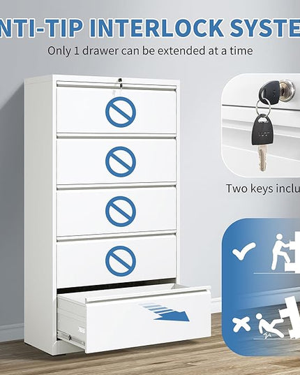 5 Drawer Metal Office Storage Filing Cabinet with Lock, White Lateral File Cabinet for Home Office, Horizontal Locking for Legal/Letter/A4, Assembly Required