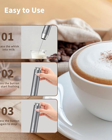Maestri House Rechargeable Milk Frother with Stand, LunaFro Handheld Electric Foam Maker Waterproof Detachable Stainless Steel Whisk Drink Mixer Foamer for Lattes, Cappuccino