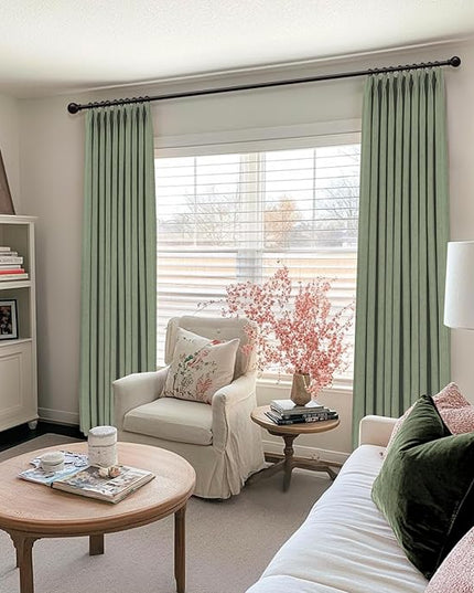 100% Blackout Shield Linen Look Textured Pinch Pleated Curtains Blackout Drapes 120 Inch Long 2 Panels Set, Faux Linen Blackout Curtains for Bedroom & Living Room, 40" W x 120" L, Sage Green