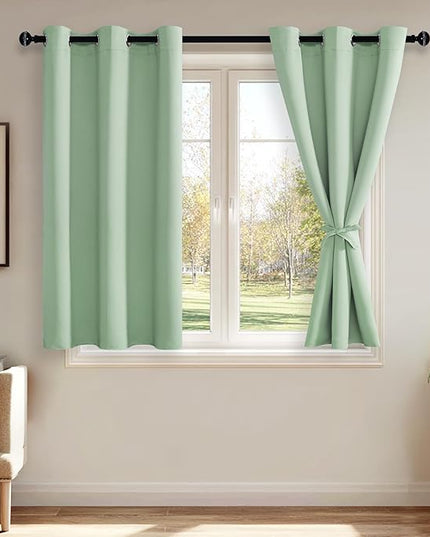 JIUZHEN Aqua Blackout Curtains with Tiebacks Thermal Insulated, Light Blocking and Noise Reducing Grommet Curtains for and Living Room, Set of 2 Window Curtain Panels, 42 x 45 Inch Length