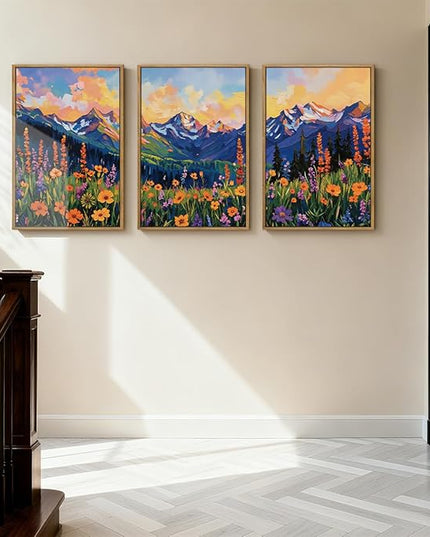 ANHUIB Colorful Wildflower Wall Art Boho Mountain Wall Decor Nature Floral Art Print 16x24 Inch Set of 3 for Living Room Bedroom Dining Room
