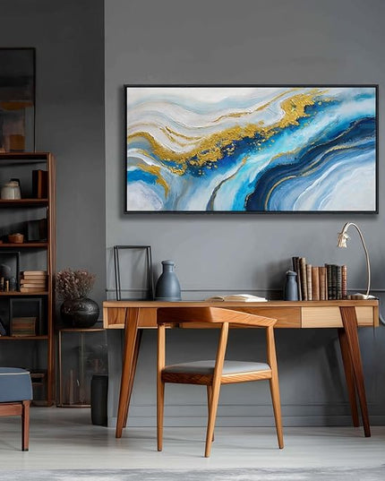 Abstract Canvas Blue Wall Art for Living Room - Modern Gold Wall Art, Office Wall Decor, Above Bed Wall Decor, Large Pictures for Bedroom Framed Artwork for Walls 20×40IN