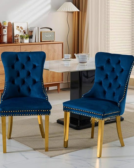 SoarFlash Velvet Dining Chairs Set of 2, Tall Back Side Chair, Modern Upholstered Side Chair with Button Back Ring, Gold Plated Stainless Steel Legs (Blue)