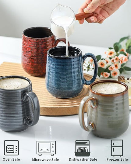 HASENSE Coffee Mugs Set of 4, 12 Oz Stoneware Coffee Cups with Large Handle, Colorful Rustic Mug Set for Coffee, Tea, Coco, Latte, Dishwasher and Microwave Safe