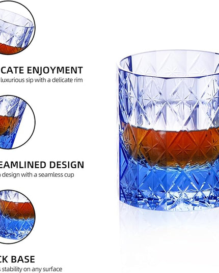 KAMMAK Crystal Whiskey Glass Set of 2, 7.78 oz (230 ml) Handmade Old Fashioned Tumbler, Thick Base Colored Glass with Delicate Rim & Seamless Design for Scotch, Bourbon, Cocktails, Blue 12-Facet