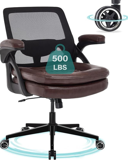 Big and Tall Office Chair, 500lbs Mesh Heavy Duty Ergonomic Desk Chair with Flip-up Armrests, Plus Size Wide Seat in PU Leather, 360 Swivel Computer Executive Task Chair for Home Office (Brown)