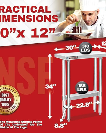 DuraSteel 30x12 Stainless Steel Work Table - NSF Commercial Prep Metal Table - Outdoor Pizza Oven Stand w/Under Shelf - Kitchen Island Laundry Utility Garage Microwave Stand Large Rolling Storage Cart
