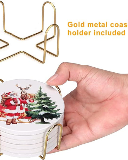 Christmas Coasters Set of 6 Christmas Tree Coasters Gifts with Holder Round Ceramic Absorbent Drink Coaster for Holiday, Coffee Table Decor
