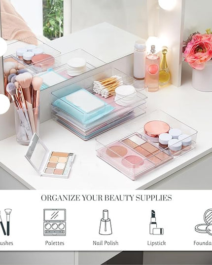 STORi SimpleSort 3-Piece Stackable Clear Drawer Organizer Set | 9" x 6" x 2" Rectangle Trays | Wide Makeup Vanity Storage Bins and Office Desk Drawer Dividers | Made in USA