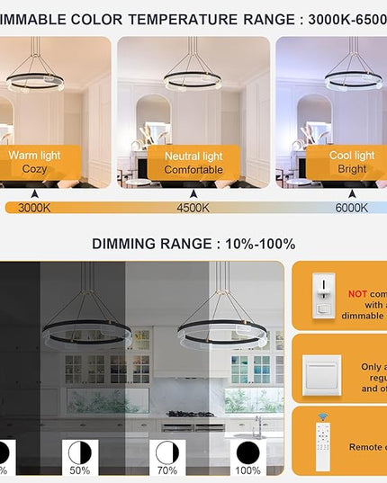 Modern LED Pendant Light Dimmable Black LED Chandelier for Dining Room Pendant Light Fixture Over Table Modern Chandelier Kitchen Island Living Room Entryway, 24 inch 3000K-6500K