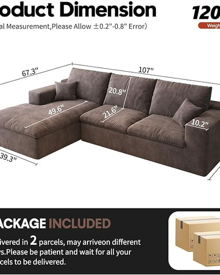 107'' L-Shaped Modern Modular Sectional Cloud Couch, 4-Seat Chenille Deep-Seat Sofa with Pillow for Living Room, Bedroom, Apartment, Camel