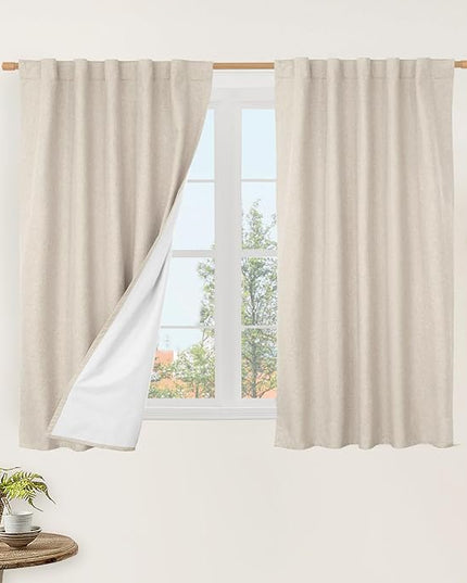 LAMIT Natural 100% Blackout Linen Curtains, 54 Inches Linen Textured Thermal Bedroom Drapes Back Tab and Rod Pocket Neutral Panels with White Liner for Small Window, 2 Panels, 42 x 54 Inch, Oatmeal