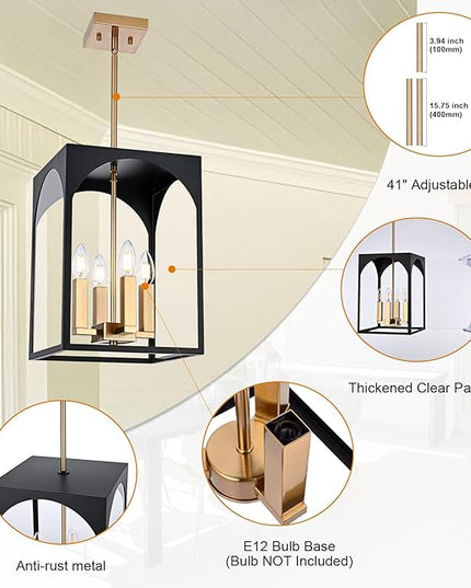 VINLUZ Outdoor 4 Lights in Black and Brushed Brass Finish, Metal Indoor Outdoor Pendant Hanging Lantern Lighting with Clear Glass Shade for Balcony Dining Room