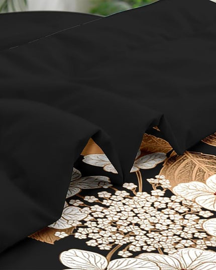Comforter Set Full Size, Hydrangea Butterfly Flower 7 Pcs Bedding for Kids and Adults, Black Gold Bed Sheet Sets with Fitted Sheet 2 Pillowcase & 2 Sham for Bedroom Bed Decor