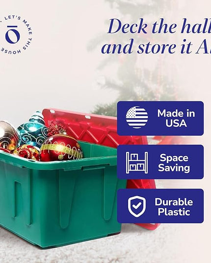 HOMZ 4-Pack Durabilt Tote, Heavy Duty Plastic Storage Bins with Lids, 15 Gallon, Green/Red - Stackable Organizing Containers for Home, Garage, and Office
