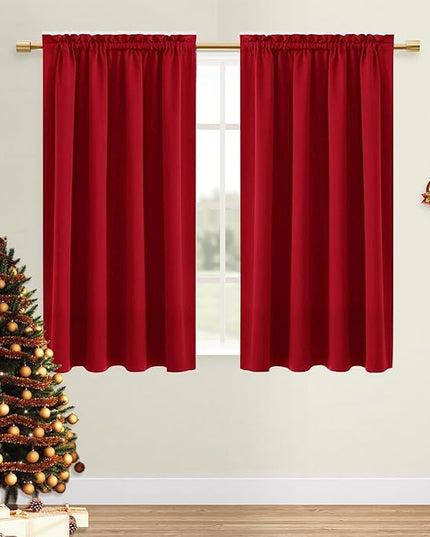 DWCN Christmas Blackout Curtains Room Darkening Thermal Insulated Bedroom Curtains Window Curtain Panels, 52 x 45 inches Long, Set of 2 Red Rod Pocket Drapes