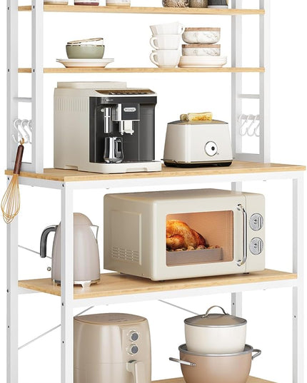 VASAGLE Coffee Bar, 31.5 Inches Baker's Rack for Kitchen with Storage, 6-Tier Kitchen Shelves with 6 Hooks, Microwave Stand, Modern, Golden Oak and Cloud White UKKS019W09