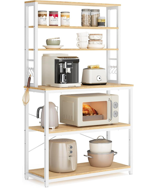 VASAGLE Coffee Bar, 31.5 Inches Baker's Rack for Kitchen with Storage, 6-Tier Kitchen Shelves with 6 Hooks, Microwave Stand, Modern, Golden Oak and Cloud White UKKS019W09