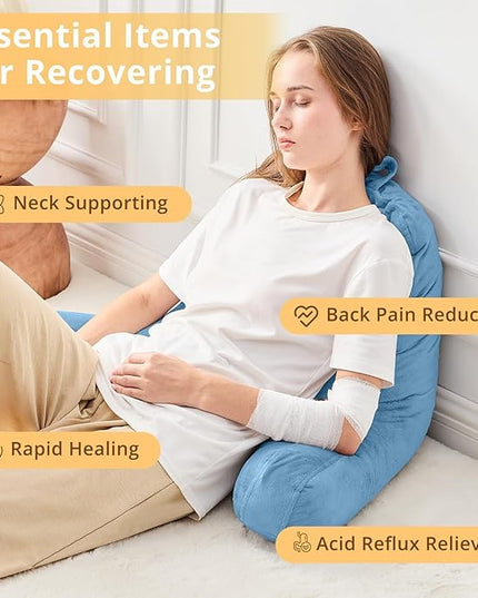 Sasttie Reading Pillow, Velvet Back Pillow for Bed Sitting Up, Adult Back-Rest Support Cushion with Arms for Sit Up on Couch, Sofa, and Floor, Dorm Essentials, Reading Accessories, Blue