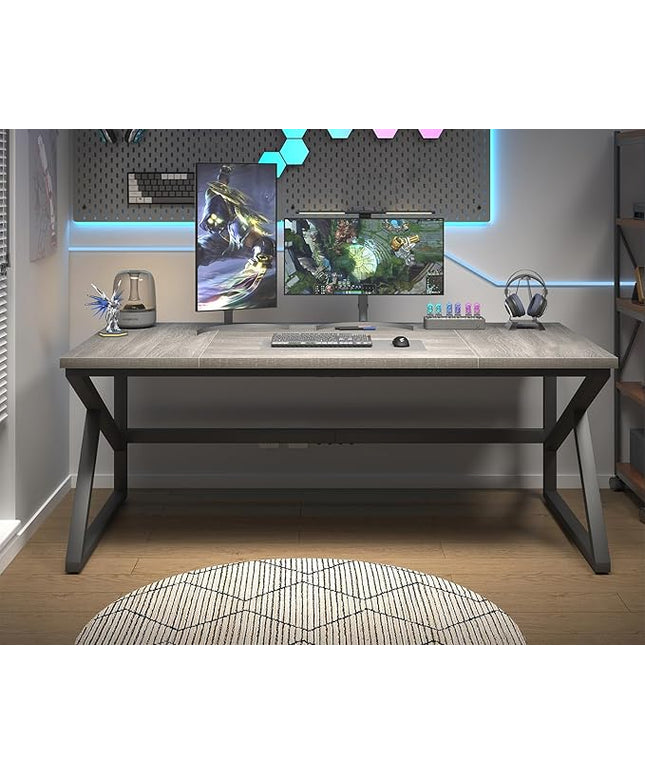 HSH 70 Inch Long Grey Desk, Large Home Office Computer Desk for 2 People, Industrial Wood and Metal Executive Work Writing Study Gaming Desk Table, Modern Bedroom Simple PC Laptop Desk Double Desk
