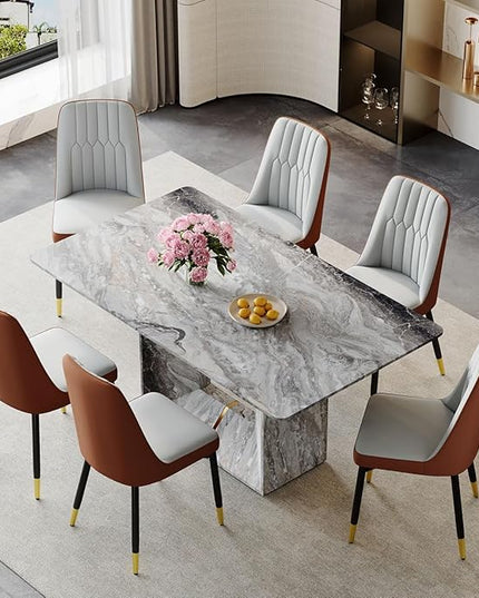Dinner Table Set for 6, 7 Piece Dining Table Set with Chairs, 63" Faux Marble Modern Table with 6 PU Leather Upholstered Chairs, for Kitchen & Dining Room