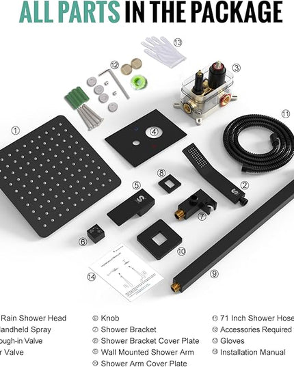 SR SUN RISE Black Square Rainfall Shower Head and Handle Set, Wall Mounted Shower Fixtures, Metal Shower Faucet Trim Repair Kits (With Shower Valve)