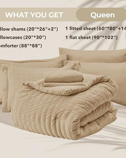 HYMOKEGE Khaki Queen Comforter Set Seersucker 7 Pieces, All Season Luxury Bed in a Bag Queen for Bedroom, Bedding Set with Comforter, Sheets, Pillowcases & Shams