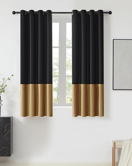 BULBUL Black Gold Color Block Window Curtains Panels 63 inches Long Velvet Farmhouse Drapes for Bedroom Living Room Darkening Treatment with Grommet Set of Black Gold