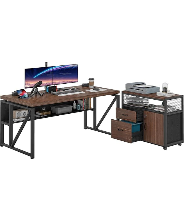 Tribesigns Office Desk with Drawers Sets, 63 inches L Shaped Computer Desk with Mobile File Cabinet,Big Executive Desk for Home Office Furniture Sets (Dark Brown, 63-inch)