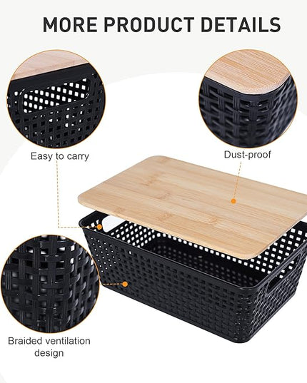 Storage Bins with Lids 6 Packs, Plastic Storage Bins with Bamboo Lids for Pantry Organization and Storage Containers for Shelves Drawers Desktop Closet Office Home, Black