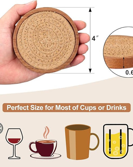 5 Pcs Best Absorbent Wooden Coasters Set - 4 Inches Brown Woven Coaster Modern Acacia Wood Coasters for Drinks, Coffee Table Decor, Farmhouse, Bar, Office, Beer, Kitchen, Dining Room, Outdoor, Desk