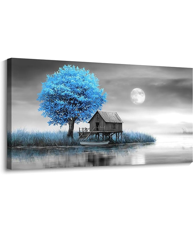 JEAWA Large Canvas Wall Art Decor - Blue Gray Wall Art for Living Room Home Office, Winter Landscape Wall Art Canvas Paintings, Moon Pictures Wall Decor, Tree Art Wall Decor, 29x58 IN