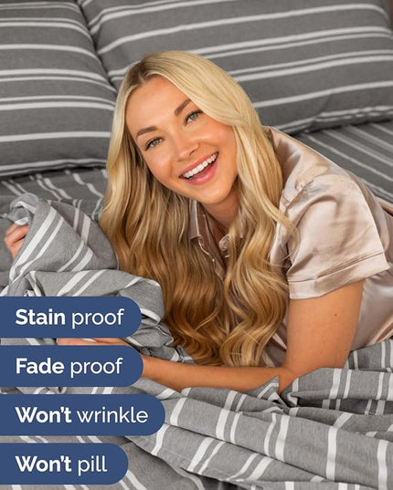 Extra Deep Split King Sheet Set - 7 Piece Breathable & Cooling Sheets - Hotel Luxury Bed Sheets Set - Easy Fit - Soft, Wrinkle Free & Comfy Sheets Set - Grey Striped Sheet Set w/Extra Deep Pockets