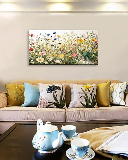 KZKU Watercolor Floral Botanical Prints Wildflower Pictures Wall Decor Colorful Plant Paintings Canvas Prints 24" x 48" Wall Art for Living Room Bedroom Office Home Decor Ready to hang
