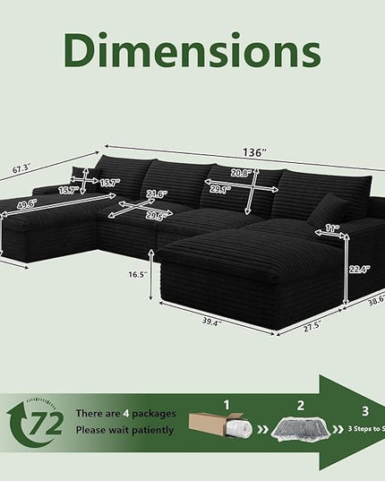 136" Cloud Couch Modular Sectional Sofa for Living Room, U-Shape Boneless Couch with Deep Seat, Modern Corduroy 4-Seater with Ottoman, No Assembly Required (Black,Left-Facing Chaise)