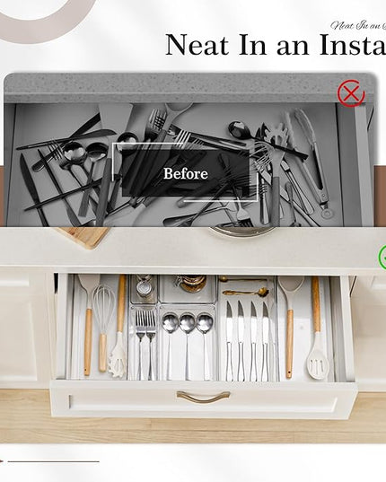 Criusia Clear Drawer Organizer 7 PCS - 5 Size Plastic Versatile Kitchen and Bathroom Organizer Trays, Non-Slip Storage Bins for Makeup, Utensils, Tool and Office Desk