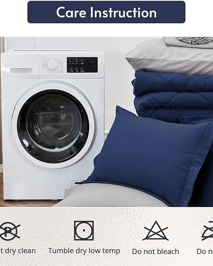 MUXHOMO 7 Pieces California King Comforter Set, Reversible Bed in a Bag Cal King Size, All Season Bedding Set with Comforter, Flat Sheet, Fitted Sheet, Pillowcases & Shams, Navy & Light Grey