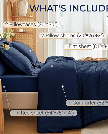 MUXHOMO 7 Pieces Full Comforter Set, Seersucker Bed in a Bag Full Size, All Season Luxury Bedding Set with Comforter, Flat Sheet, Fitted Sheet, Pillowcases & Shams, Navy Blue