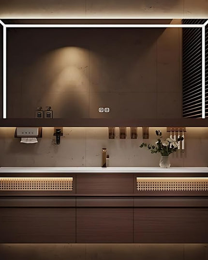 60IN Bathroom Vanity with Sink, including Motion Activated Lighting & LED Lights, One Touch Defogging Mirror | Floating Bathroom Cabinet Vanity, Equipped with Glass Side Cabinet, Brown (Style B)