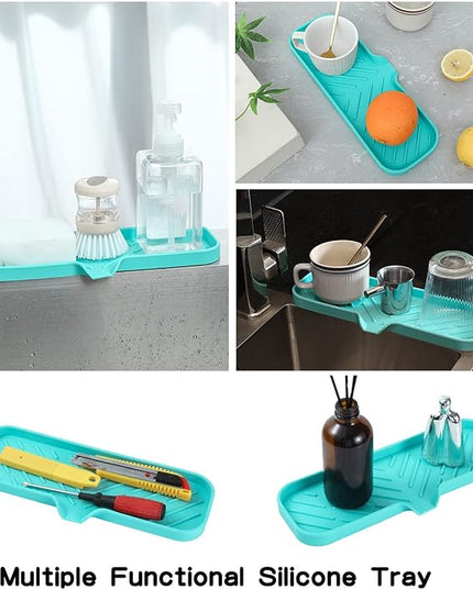 Silicone Bathroom Soap Dishes with Drain Spout-Bathroom and Kitchen Sink Organizer,Sponge Holder,Dish Soap Tray,Perfect for Dispenser,Scrubber,Bottle,Cup on Sink or Counter-Mint 12"×4"