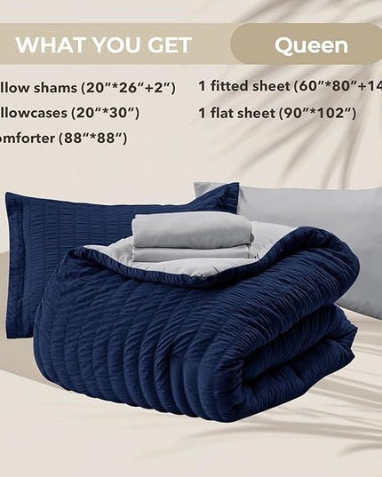 HYMOKEGE Navy Blue/Light Grey Queen Comforter Set Seersucker 7 Pieces, All Season Luxury Bed in a Bag Queen for Bedroom, Bedding Set with Comforter, Sheets, Pillowcases & Shams