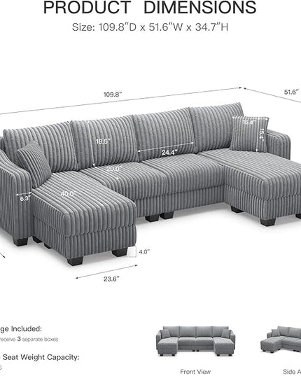 Belffin U Shaped Couch with Reversible Chaises Sectional Couches for Living Room Sectional Couch with Ottomans Corduroy (Light Grey, U Shaped)
