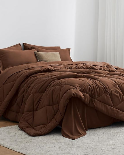 Love's cabin King Size Comforter Set Brown, 7 Pieces King Bed in a Bag, All Season Bedding Sets with 1 Comforter, 1 Flat Sheet, 1 Fitted Sheet, 2 Pillowcase and 2 Pillow Sham